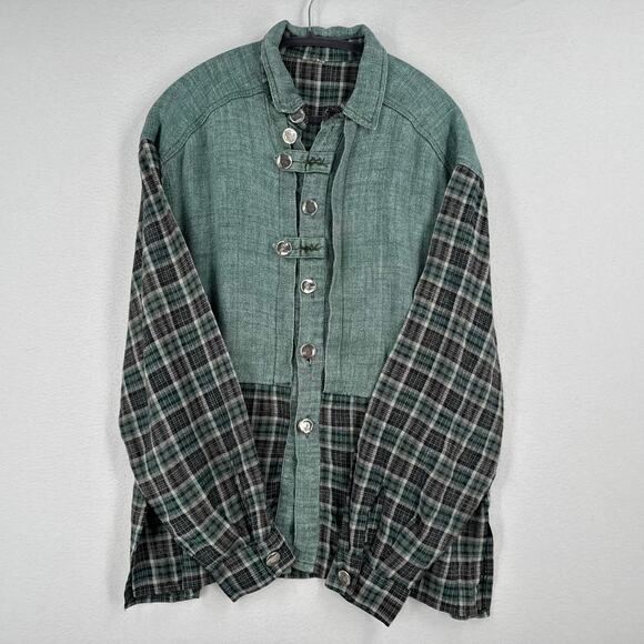 Lagenlook Button Down Shirt Womens 2XL Mens XL Green Unisex Hippie Hobbitcore - Picture 5 of 12